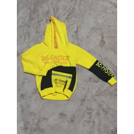3-9 Yaş Naskılı Ön Fermuar Detaylı Kol Ek Kapşonlu Sweatshirt Sarı (Beden: 5)