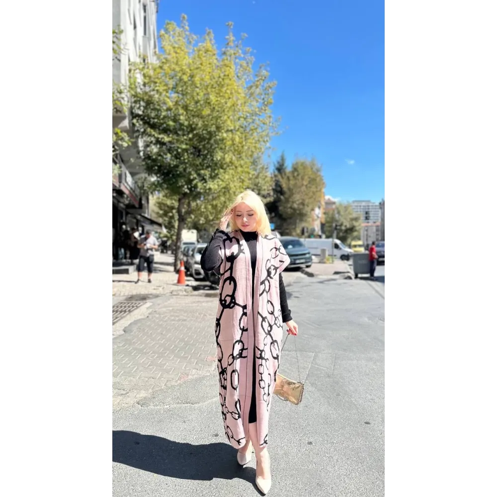 Siyah Çizgi Desenli Elbiseli Hırka Takım Pudra Siyah (Beden: Standart)