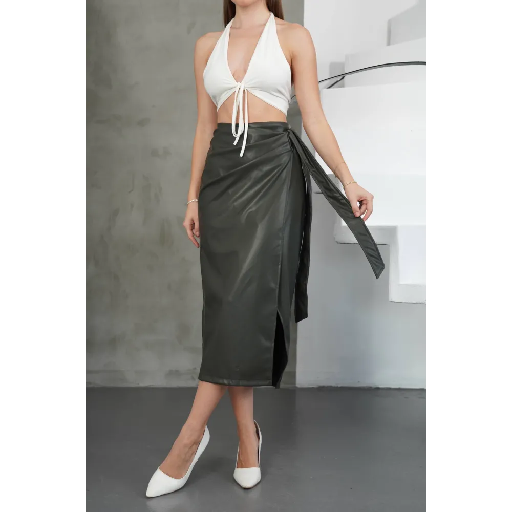 Kuşaklı Uzun Deri Etek Haki H26414 (Beden: Xl)