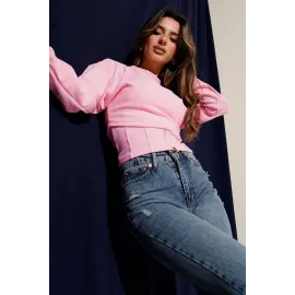 Fitilli Bisiklet Yaka İkili Bluz Pembe T4341 (Beden: S)