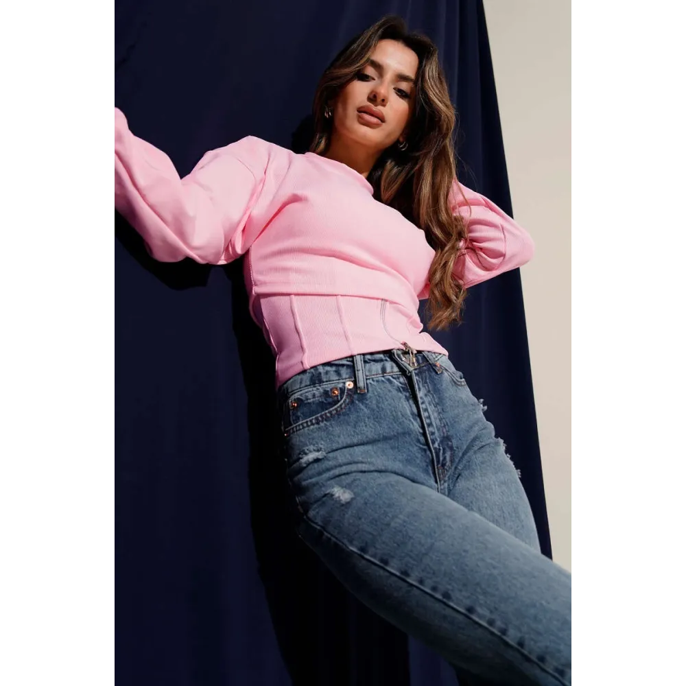 Fitilli Bisiklet Yaka İkili Bluz Pembe T4341 (Beden: L)