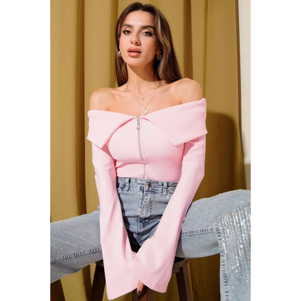 Omzu Açık Fermuarlı Bluz Pembe T4330 (Beden: S)