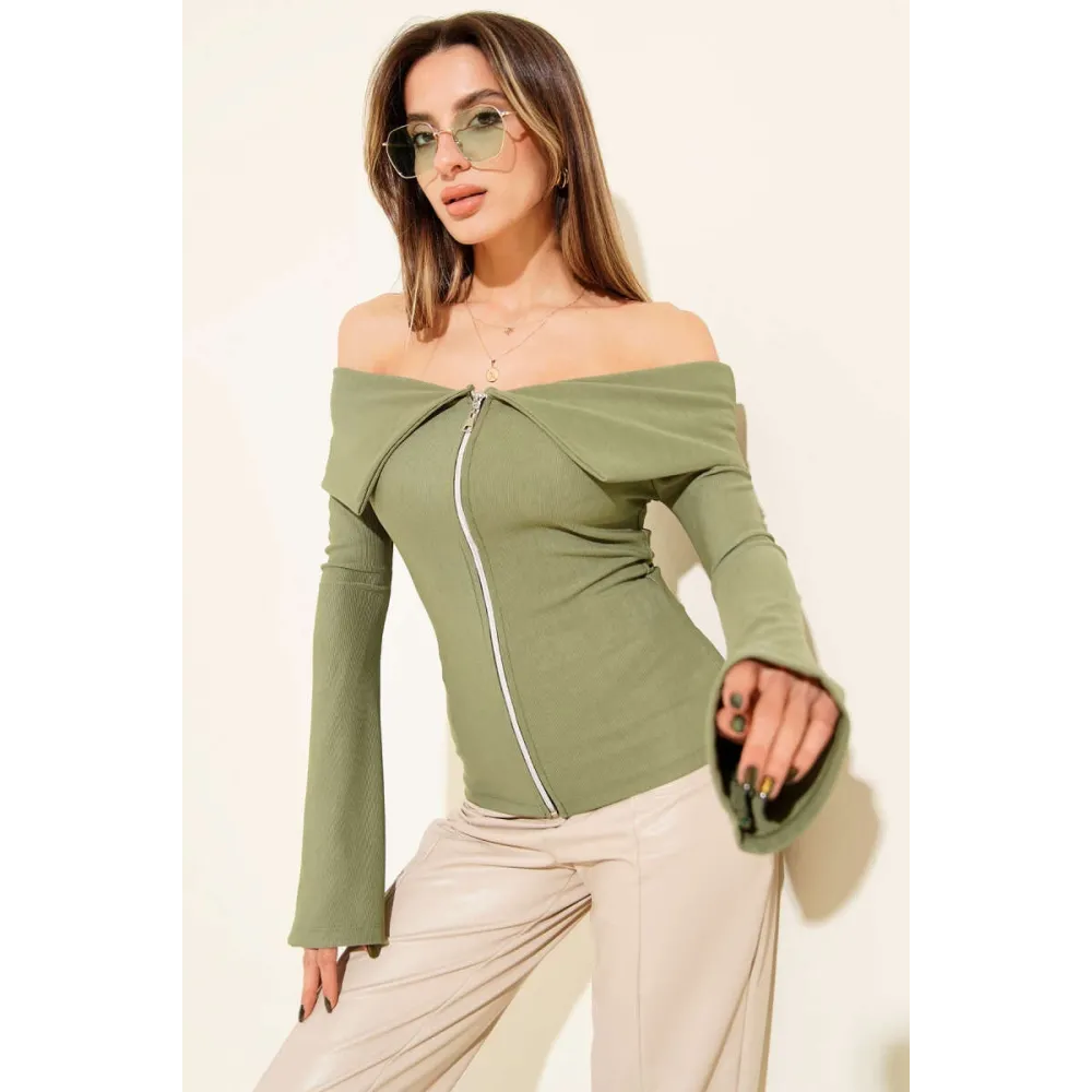 Omzu Açık Fermuarlı Bluz Haki T4330 (Beden: L)