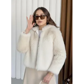 Fermuarlı Kısa Kürk Siyah Ekru T7746 (Beden: S)