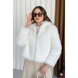 Fermuarlı Kısa Kürk Beyaz T7746 (Beden: M)