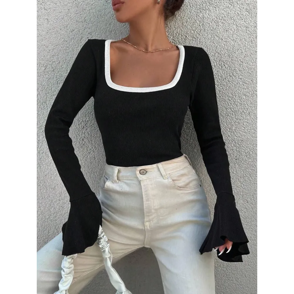 Kare Yaka Garni Detay İspanyol Kol Bluz Siyah A3105 (Beden: S)