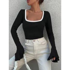 Kare Yaka Garni Detay İspanyol Kol Bluz Siyah A3105 (Beden: S)