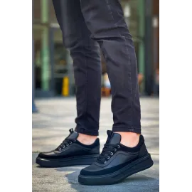 Kb-006 Kuback Siyah Cilt Siyah Yüksek Taban Bağcıklı Günlük Erkek Ayakkabı (Numara: 42)