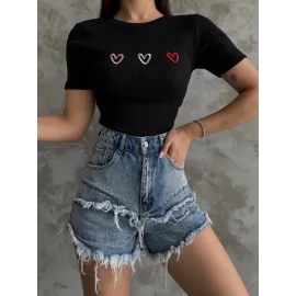 Üçlü Kalp Nakışlı Bluz Siyah (Beden: Standart)