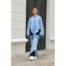 Çizgili Bisiklet Yaka Triko Takım Mavi (Beden: Standart)