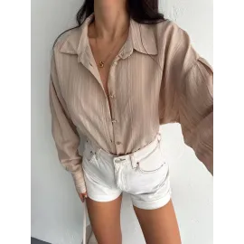 Çizgili Oversize Gömlek Bej (Beden: S)