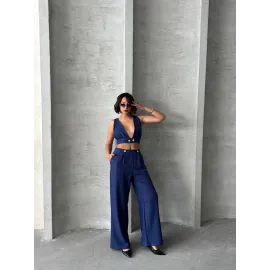 Crop Pantolon Keten Takım S255012 Lacivert (Beden: Xl)