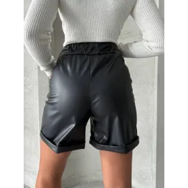 Beli Lastikli Duble Paça Deri Şort Siyah W24755 (Beden: M)