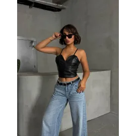 İp Askılı Yandan Fermuarlı Rastale Deri Crop Siyah S24113 (Beden: S)