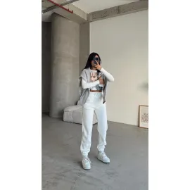 3 İplik Şardonlu Paça Lastikli Eşofman Beyaz İs001 (Beden: M)