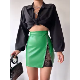 Dantelli Fermuarlı Deri Etek Yeşil W24598 (Beden: S)