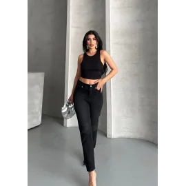 Mom Fit Enzim Bıyıklı Taş Yıkama Jeans Pantolon Siyah D2006 (Beden: 34)