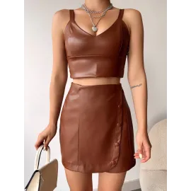 Beş Düğmeli Oval Deri Etek Kahve H240068 (Beden: M)