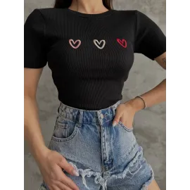 Üçlü Kalp Nakışlı Bluz Siyah (Beden: Standart)
