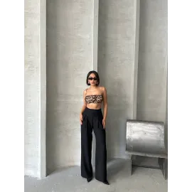 Pileli Keten Pantolon S255046 Siyah (Beden: M)