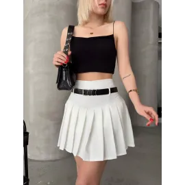 Kemerli Piliseli Şort Etek Beyaz S25305 (Beden: M)