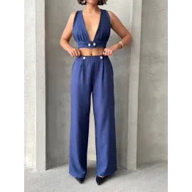 Crop Pantolon Keten Takım S255012 Lacivert (Beden: Xl)