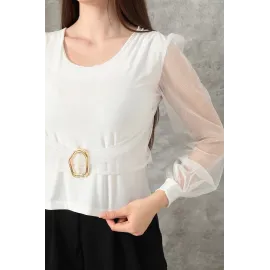 Tokalı Tül Kollu Bluz Beyaz T4071 (Beden: S)