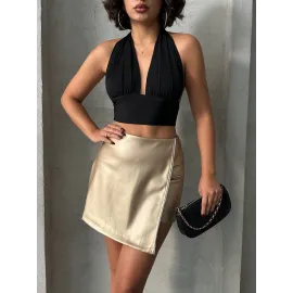 Taşlı Şort Etek Deri Gold H240018 (Beden: L)