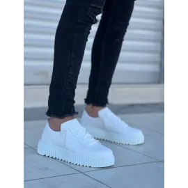 Kb-X502  Kuback Beyaz Cilt Yüksek Beyaz Taban Bağcık Detaylı Lastikli Günlük Erkek Ayakkabı (Numara: 45)