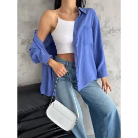 Modal Oversize Cepli Gömlek Mavi (Beden: Standart)