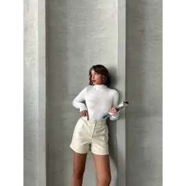 Beli Lastikli Çıtçıtlı Deri Şort Krem W241007 (Beden: M)