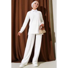 Gömlek Yaka Fitilli Salaş İkili Takım Beyaz T4300 (Beden: L)
