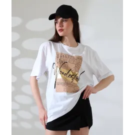 Varak Baskılı İmza Desen Tişört Beyaz (Beden: S)