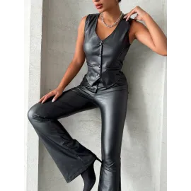 Kaplama Düğmeli Deri Yelek Siyah S24398 (Beden: S)