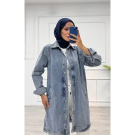 Taşlı Tunik Ceket Kar Yıkamalı Mavi D2516 (Beden: S/M)