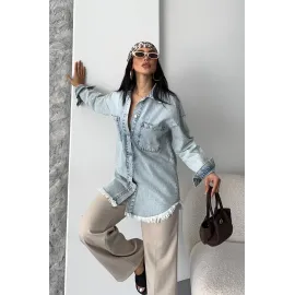 Cepli Püsküllü Kar Yıkama Kot Ceket Mavi D2515 (Beden: 40)