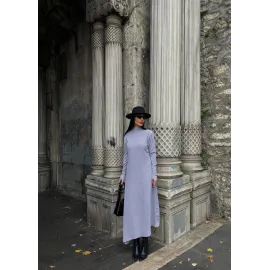 Boğazlı Kalın Bürümcük Uzun Elbise Gri (Beden: L)