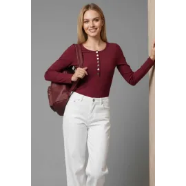 Çıtçıt Detaylı Bluz Bordo T4343 (Beden: L)