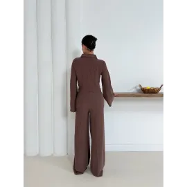 Gömlek Yaka Kaplama Düğmeli Takım Kahve St265866 (Beden: L)