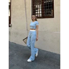 Crop Pantolon Biyeli Takım Mavi (Beden: L)