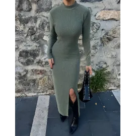 Yırtmaçlı Kalın Bürümcük Uzun Elbise Yeşil (Beden: M)