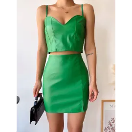 Tek Yırtmaçlı Arkadan Fermuarlı Deri Etek Yeşil S24475 (Beden: L)