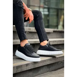 Kb-X155 Kuback Siyah Cilt Detaylı Beyaz Yüksek Taban Günlük Spor Ayakkabı (Numara: 43)