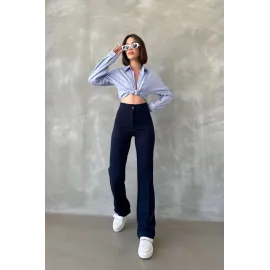 Önü Cumalı İthal Krep Pantolon Lacivert (Beden: M)