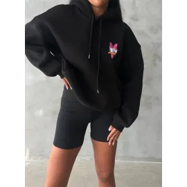 3 İplik Şardonlu Oversize Compact Ördek Baskılı Sweat Siyah (Beden: M)