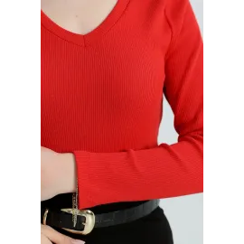 V Yaka Kaşkorse Bluz Kırmızı A3699 (Beden: S)
