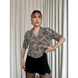 Leopar Desenli Crop Gömlek Kahve (Beden: M)