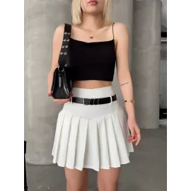 Kemerli Piliseli Şort Etek Beyaz S25305 (Beden: S)