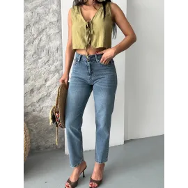 Mom Fit Bıyık Kar Yıkama Jeans Pantolon Koyu Mavi D2006 (Beden: 36)