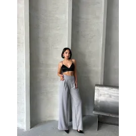 Pileli Keten Pantolon S255046 Gri (Beden: M)